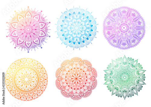 Set of round gradient mandala on white background. Mandala with floral patterns. Vector illustration