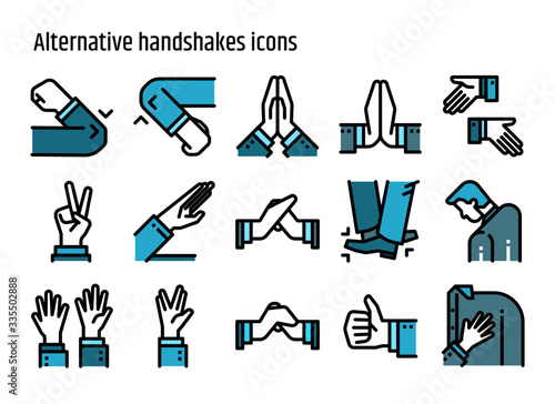 Alternative handshakes color line icons vector set.