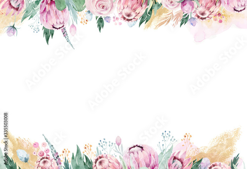 Watercolor floral frame with pink protea and gold shapes. Greeting, banner design decoration