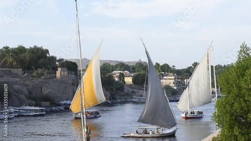 Beautiful landscape with felucca boats on Nile river in Aswan , Egypt