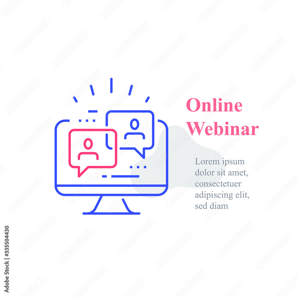 Fototapeta premium Webinar concept, online course, distant education, video lecture, internet group conference