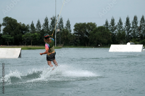  Young athlete Of Thailand is practicing sportWater Board at the wake park canal 6 on October 7, 2018. photo