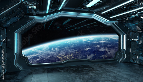 Dark blue spaceship futuristic interior with window view on planet Earth 3d rendering