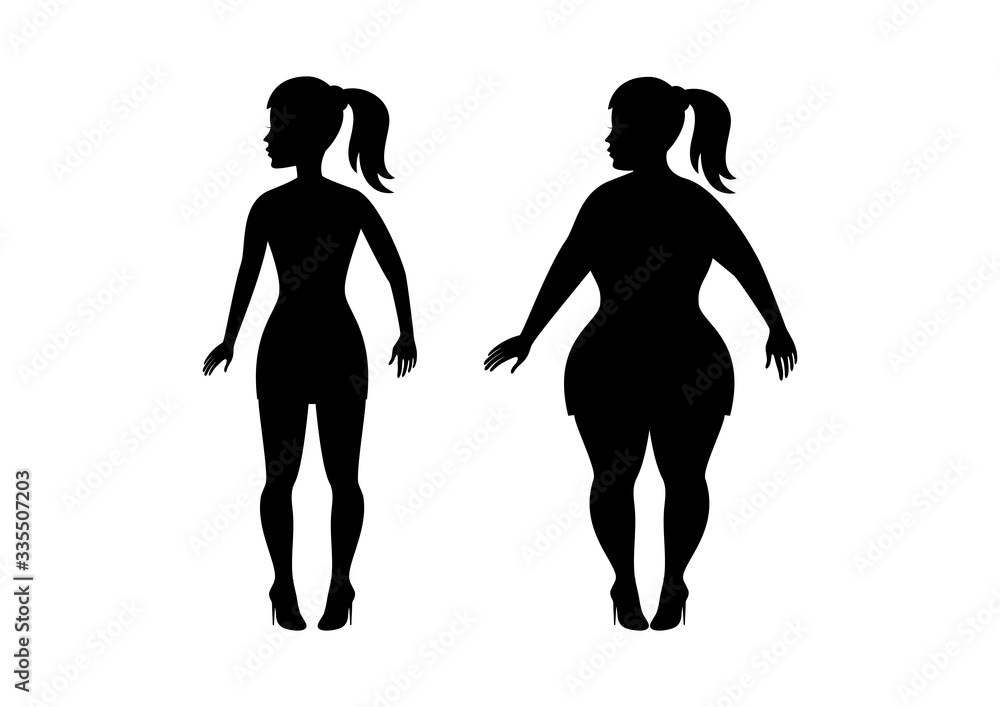 Fat and slim girl black silhouette icon vector. Curvy women black silhouette icon. Plus size women icon set. Fat and slim woman vector Fat and slim girl black silhouette icon vector. Curvy women black silhouette icon. Plus size women icon set. Fat and slim woman vector