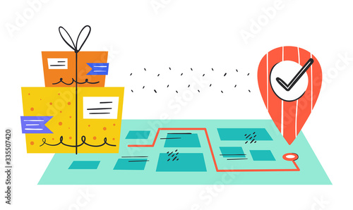 Safe delivery. Mail, box, delivery. Post. Fast service. Geolocation. Coronavirus pandemic self isolation, health care, protection. Flat colourful vector illustration, art isolated on white background.