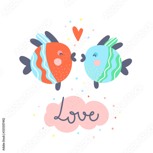 Two fishes kiss cute vector illustration. Funny underwater animal fish and lettering isolated on white background
