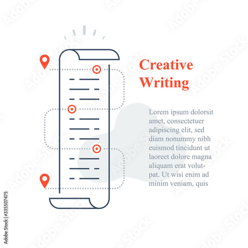 Creative writing concept, copywriting or storytelling course, paper scroll, text edit, fast reading, article content