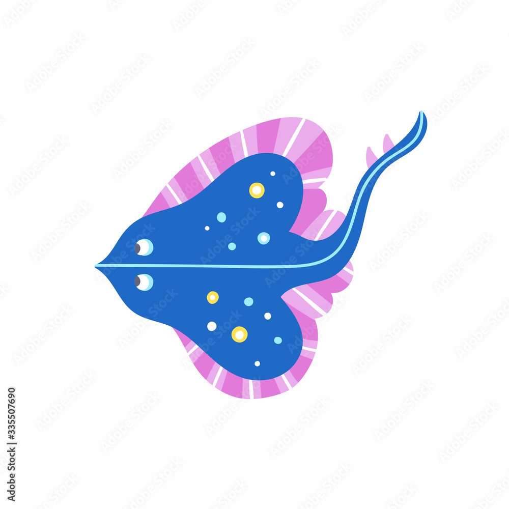 Stingray vector illustration for kids. Cute blue stingray underwater creature isolated on white background Stingray vector illustration for kids. Cute blue stingray underwater creature isolated on white background