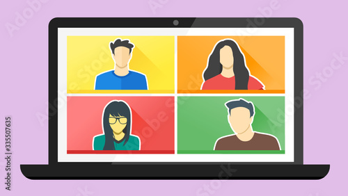 4 Panels Young Man & Woman Online Virtual Remote Meetings, Video Web Conference Teleconference. Millennial Teenager College University School Student Team Stay Study Learn From Home WFH Live Stream