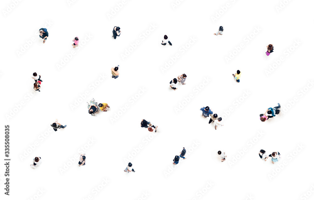 Group of people top view in focus on white background social distancing ...