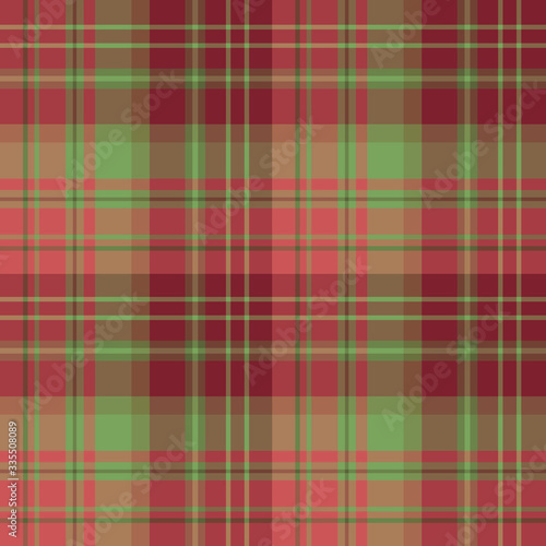 Seamless pattern in fascinating cute christmas burgundy, red and green colors for plaid, fabric, textile, clothes, tablecloth and other things. Vector image.