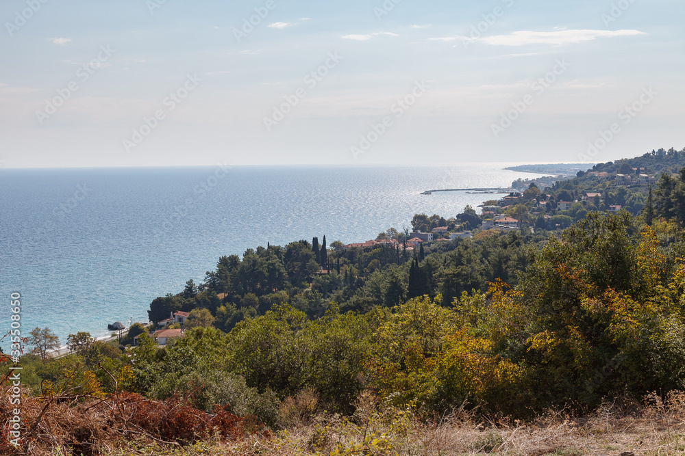 Aerial view of villages and coastline from the castle of Platamon, Pieria, Macedonia, Greece Aerial view of villages and coastline from the castle of Platamon, Pieria, Macedonia, Greece