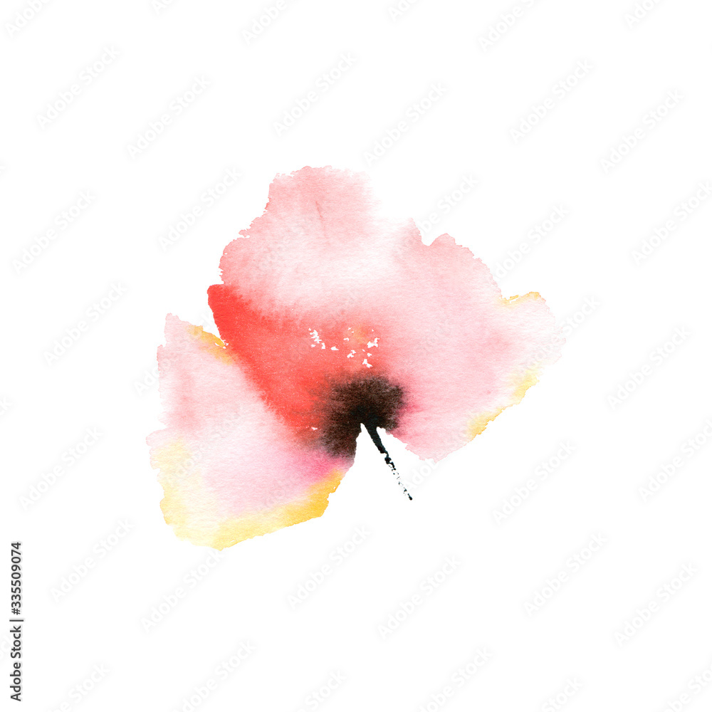 Red flower. Single hand drawn flower. Watercolor poppy for greeting card design. Wedding invitation floral decor. Drawing abstract flower for birthday card design. Painted sakura bud.
