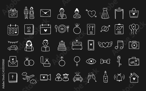 Doodle wedding icons vector set. Hand drawn graphic elements for wedding decoration. on black background