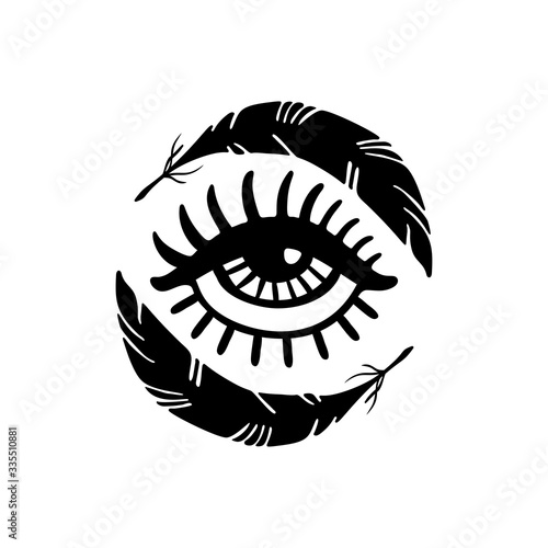 Hand drawn eye and feathers. Doodle style. Tattoo design element.The third eye vector illustration T-shirt print.