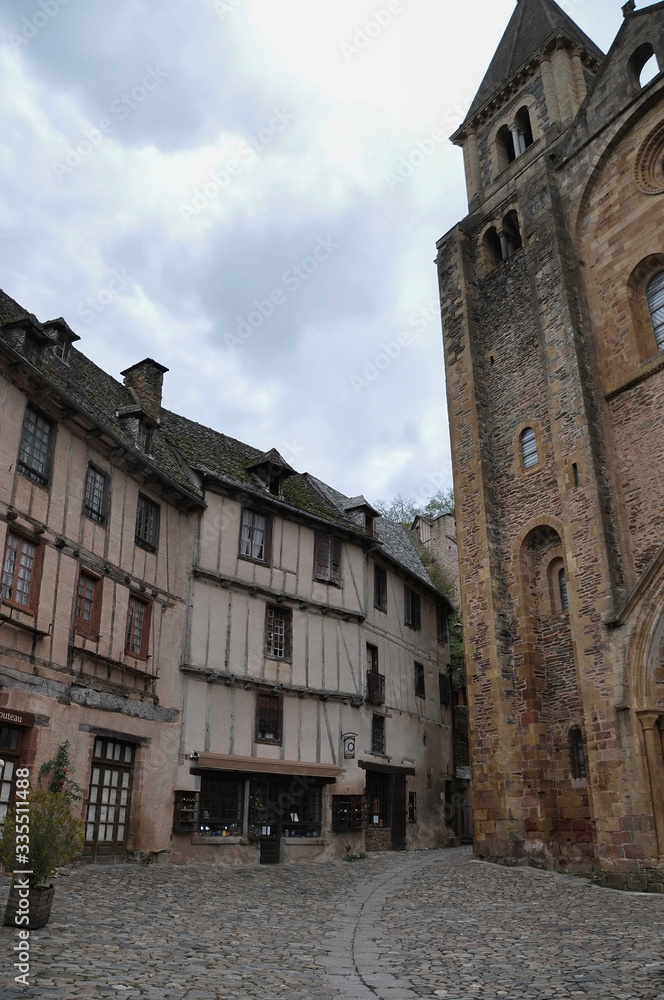 CONQUES, AVEYRON, FRANCE, EUROPE, AUTUMN 2018. Abbey of Sainte-Foy in the most beautiful and picturesque medieval village in France.