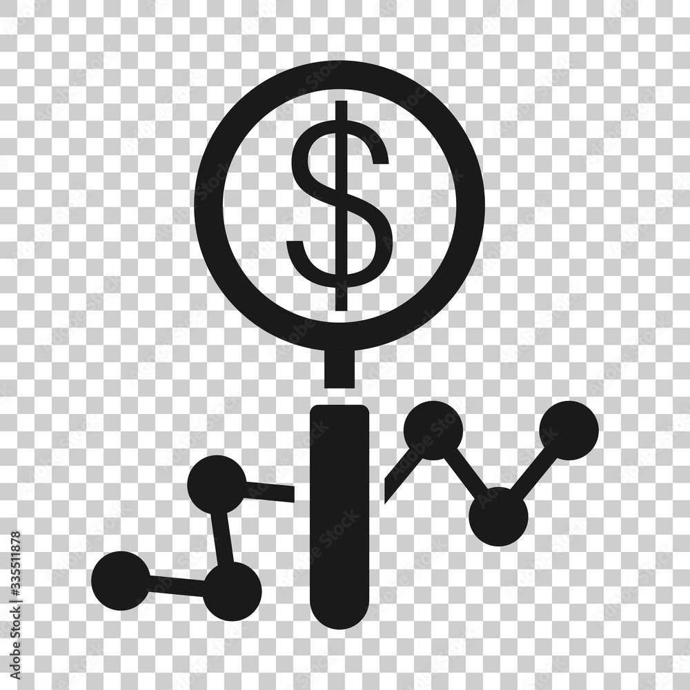 Magnifier glass with money icon in flat style. Dollar search vector illustration on white isolated background. Financial currency business concept. Magnifier glass with money icon in flat style. Dollar search vector illustration on white isolated background. Financial currency business concept.