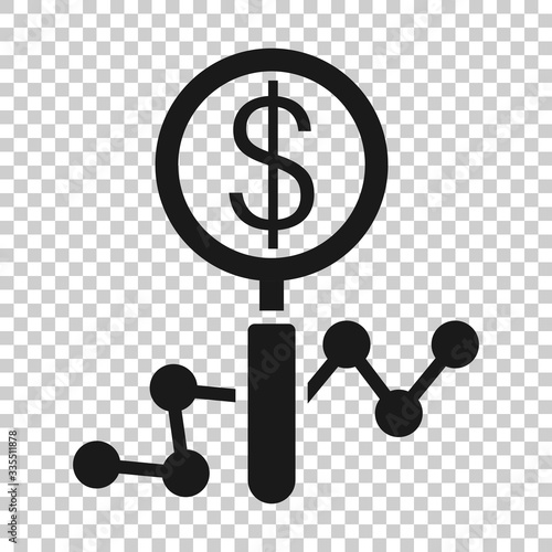 Magnifier glass with money icon in flat style. Dollar search vector illustration on white isolated background. Financial currency business concept.