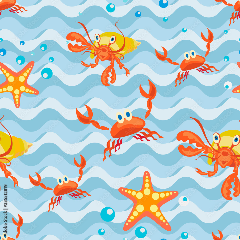Marine background. Cartoon crabs, starfish, hermit crab. Vector seamless pattern with waves and sea inhabitants in cartoon style. Design for baby textiles. Marine background. Cartoon crabs, starfish, hermit crab. Vector seamless pattern with waves and sea inhabitants in cartoon style. Design for baby textiles.