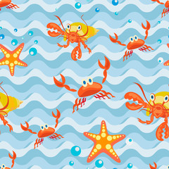 Papier peint photo Vagues de la mer patrons Crabes et étoiles de mer enfantins  © velishchuknatali