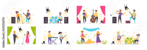Musicians set with people characters in various situations. Rock band playing guitar  drum and synthesizer. Jazz orchestra with vocalist and saxophonist. Bundle of studio audio record in flat style.
