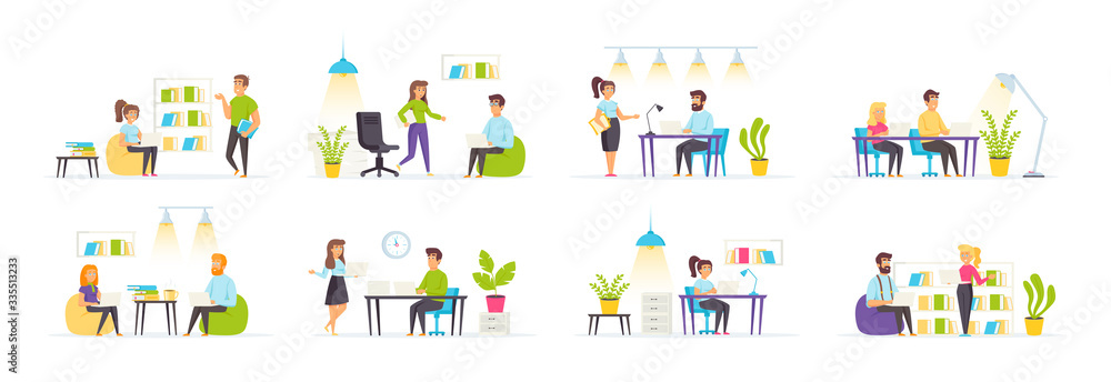 Coworking space set with people characters in various scenes. Young freelancers working with laptops, reading books and cooperating in coworking area. Bundle of shared work space in flat style. Coworking space set with people characters in various scenes. Young freelancers working with laptops, reading books and cooperating in coworking area. Bundle of shared work space in flat style.