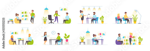Coworking space set with people characters in various scenes. Young freelancers working with laptops, reading books and cooperating in coworking area. Bundle of shared work space in flat style. © alexdndz