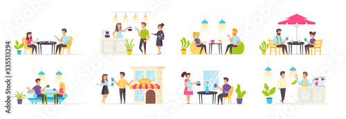 Coffee house set with people characters in various scenes. Barista preparing hot drinks, smiling friends or colleagues talking and drinking coffee in cafe. Bundle of coffee break in flat style.