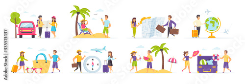 Summer holidays set with people characters in various situations. Tourists traveling by car and airplane. Couple with luggage, happy people relaxing on beach. Bundle of tropical vacation in flat style