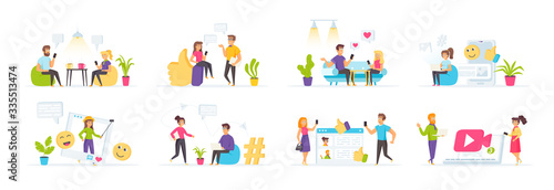 Social media set with people characters in various scenes. People sending emails and photos, making selfie, blogging and content streaming in social media. Bundle of online communication in flat style