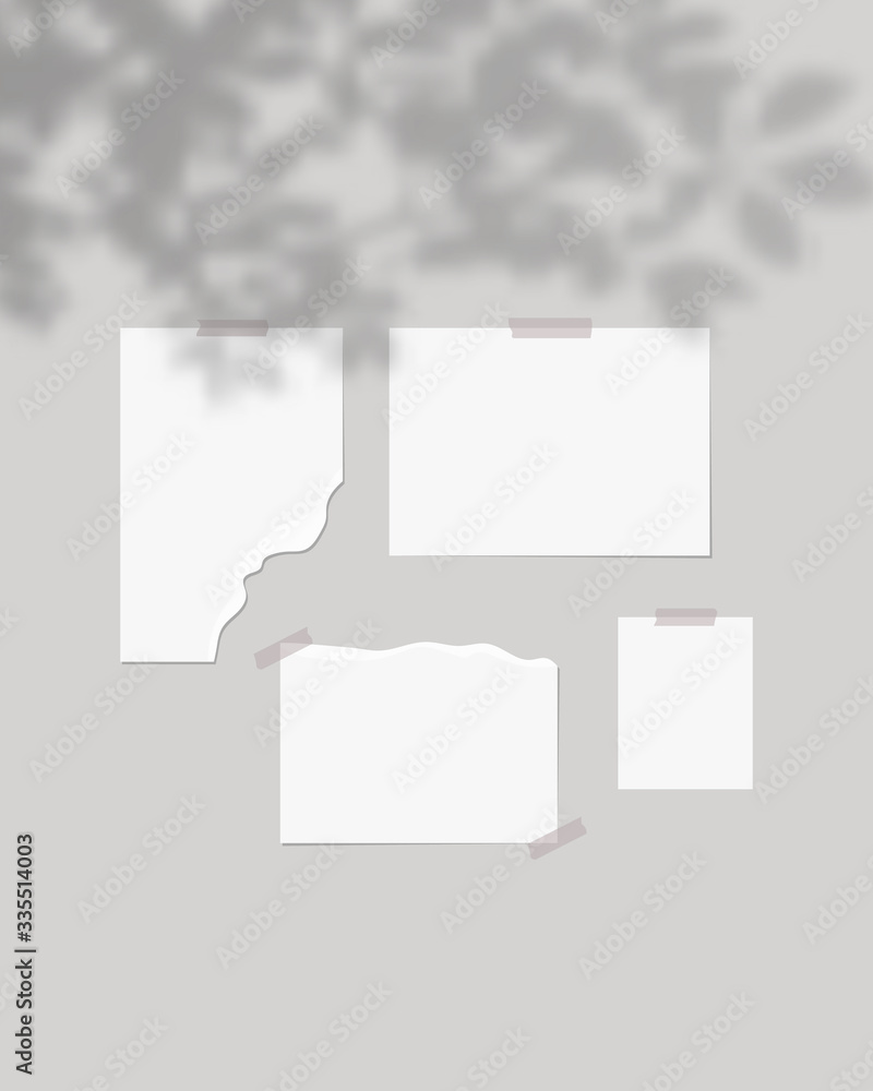 Mood board mockup. Empty sheets of white paper on the wall. Mood board with shadow overlay. Mockup vector isolated. Template design. Realistic vector illustration. Mood board mockup. Empty sheets of white paper on the wall. Mood board with shadow overlay. Mockup vector isolated. Template design. Realistic vector illustration.