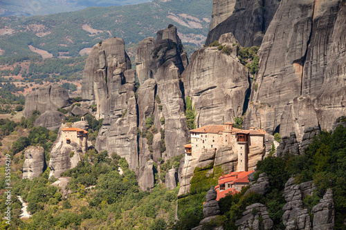 Meteora rocks with monasteries, Greece. Summer daytime.