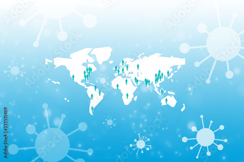 Fototapeta Naklejka Na Ścianę i Meble -  Weltkarte mit Viren und Covid Erregern auf blauem Hintergrund