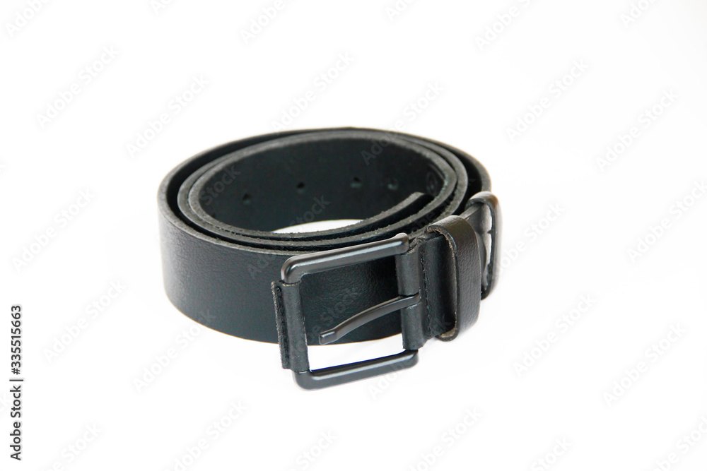 men's black leather belt for trousers on a white background men's black leather belt for trousers on a white background