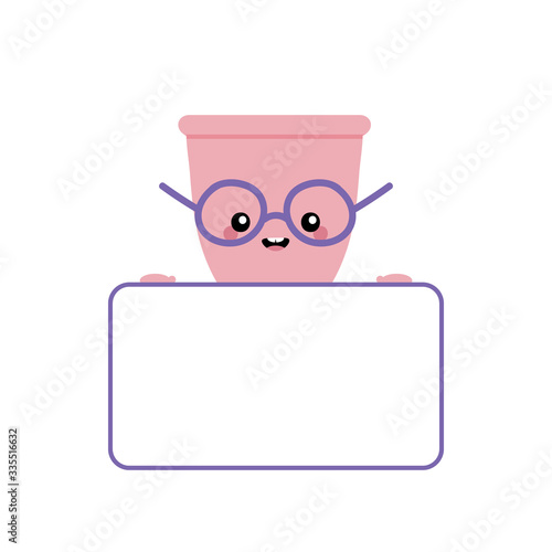 Cute cartoon style pink menstrual cup character in glasses holding blank, empty card in hands. 