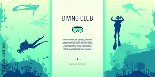 Colorful scuba diving template with fishes corals and divers silhouettes swimming under water vector illustration