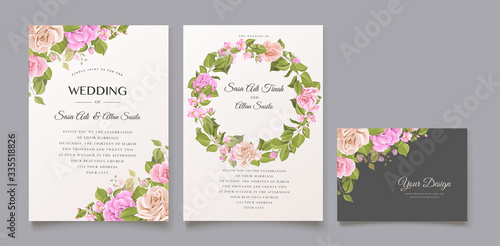 wedding invitation card with floral and leaves template