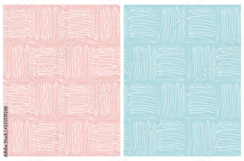 Abstract Geometric Seamless Vector Patterns. Irregular Hand Drawn Scribbles on Blue and Light Blush Pink Backgrounds. Funny Simple Creative Design. Infantile Style Stripes and Mesh Graphic.