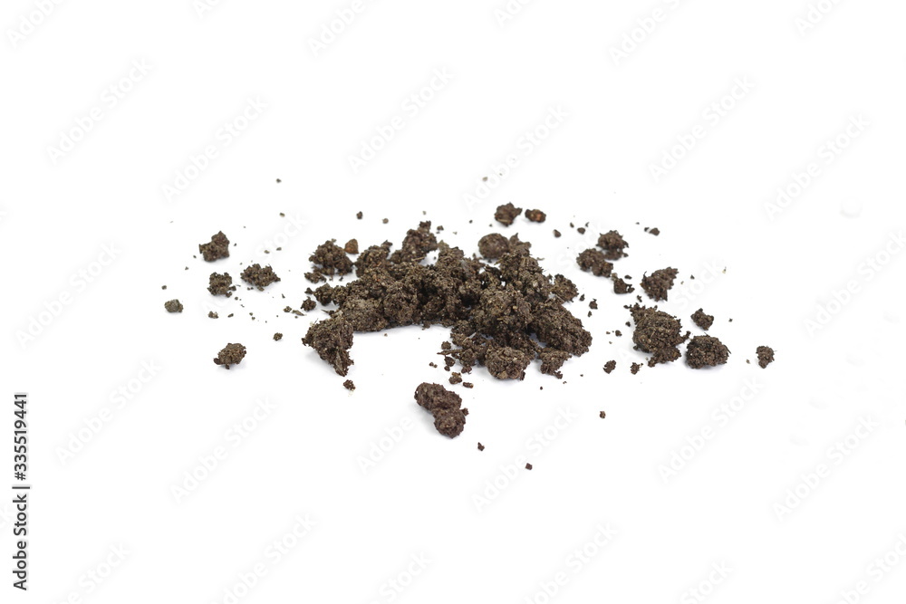 Organic soil isolated on white background. Dirty earth on white background. Natural soil texture. Patch of soil or mud.