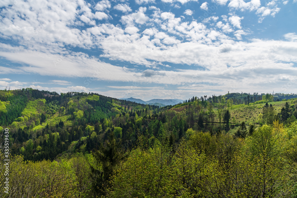 View from Kabatice lookout tower above Chlebovice village in Czech republic