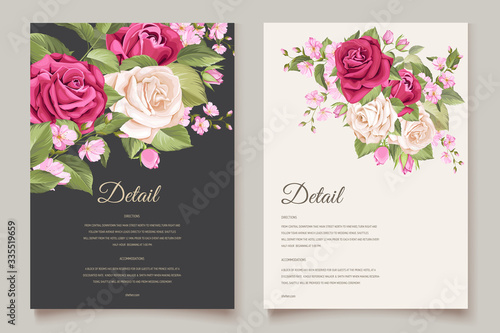 wedding invitation card with floral and leaves template