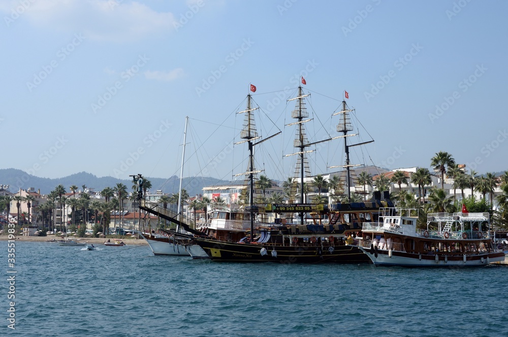 Sea vessels at the pier of the city of Marmaris. Turkey