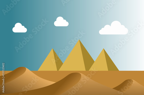 three pyramid and sand dune on the desert  and white cloud on the blue sky