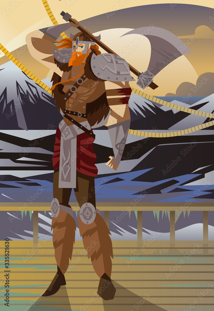 Obraz premium brave warrior viking with axe in a ship