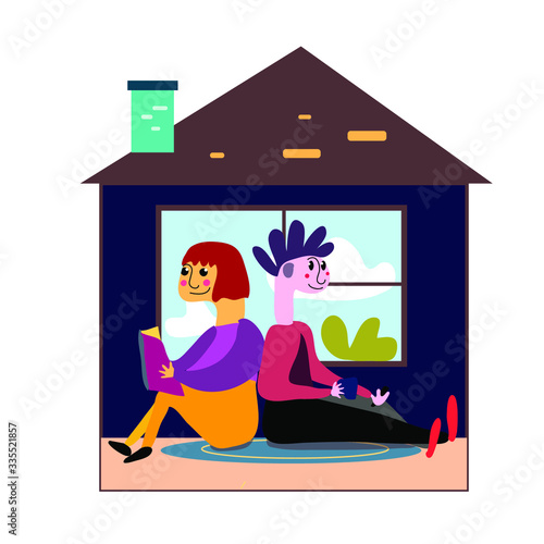 Couple of people staying home in quaratine time, coronavirus stay safe vector hand drawn