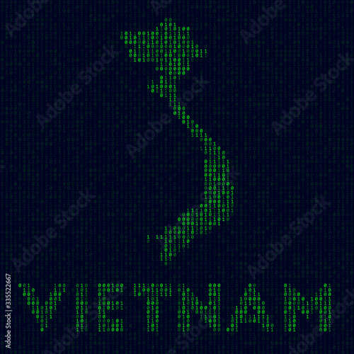 Digital Vietnam logo. Country symbol in hacker style. Binary code map of Vietnam with country name. Vibrant vector illustration.