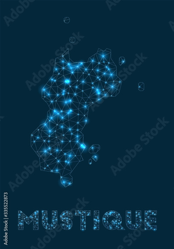 Mustique network map. Abstract geometric map of the island. Internet connections and telecommunication design. Radiant vector illustration.