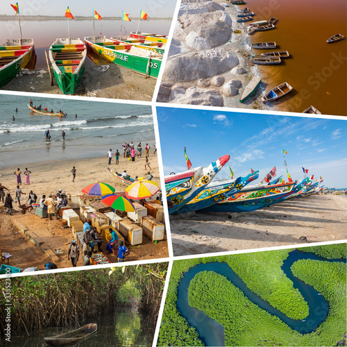 Collage of popular tourist destinations in Senegal. Travel background. West Africa.