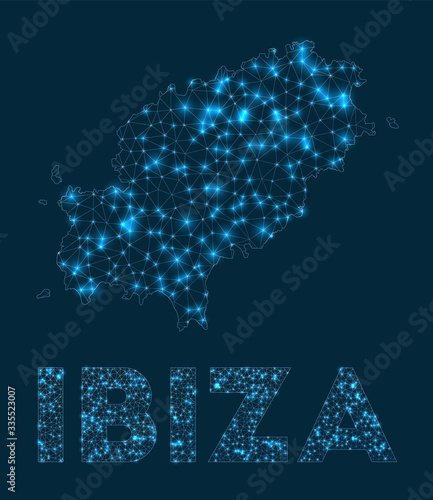 Ibiza network map. Abstract geometric map of the island. Internet connections and telecommunication design. Modern vector illustration.