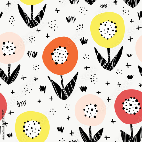 Seamless flower vector pattern. Bold florals Scandinavian flat style repeating background. Botanical minimalistic doodle flowers pink orange yellow black on white. For fabric, home decor, summer 